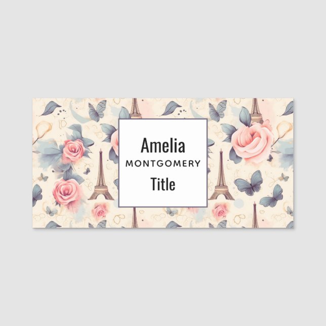 Eiffel Tower Butterfly and Roses Pattern Name Tag (Front)