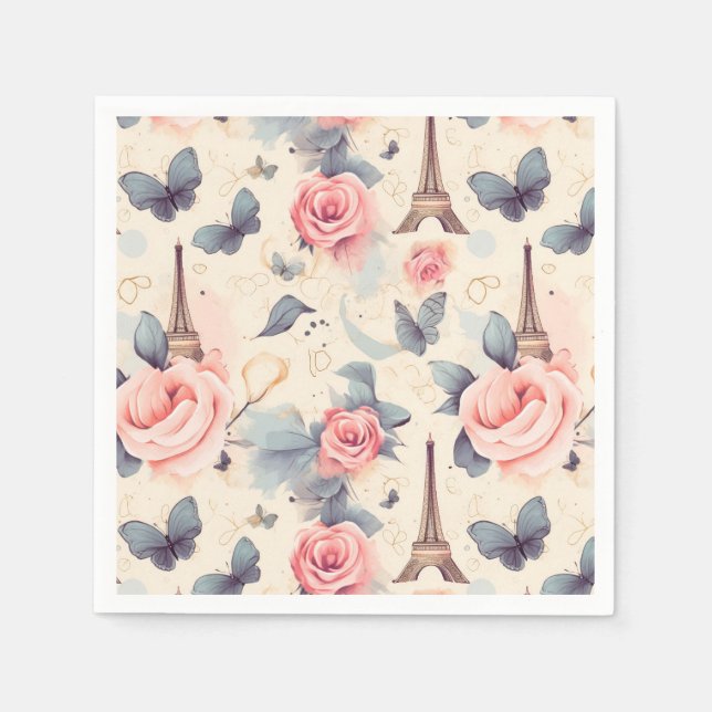 Eiffel Tower Butterfly and Roses Pattern Napkins (Front)