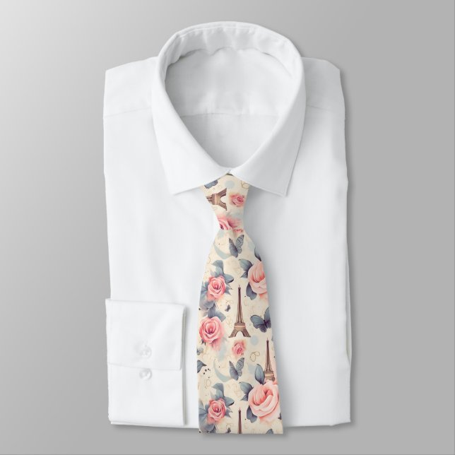  Eiffel Tower Butterfly and Roses Pattern Neck Tie (Tied)
