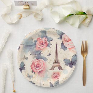 Eiffel Tower Butterfly and Roses Pattern Paper Plates