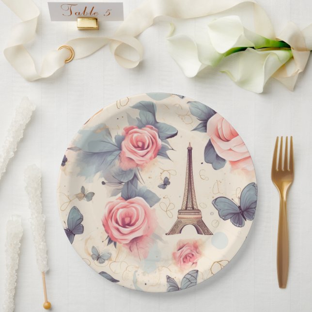 Eiffel Tower Butterfly and Roses Pattern Paper Plates (Wedding)