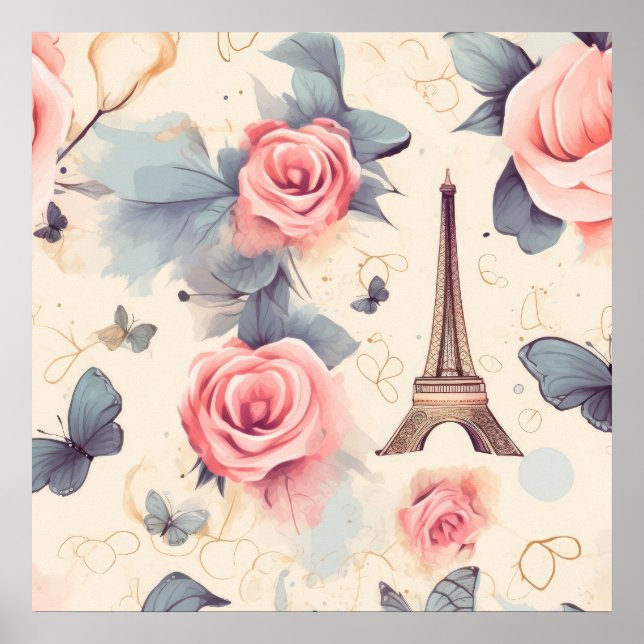 Eiffel Tower Butterfly and Roses Pattern Poster (Front)