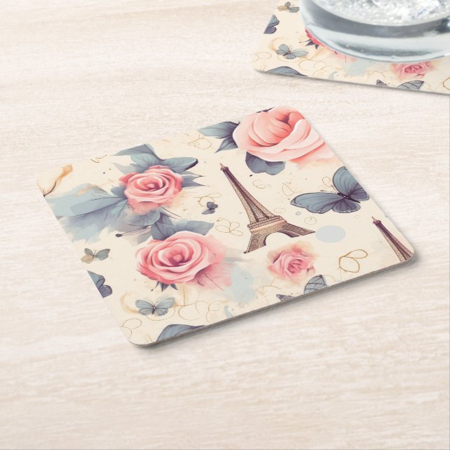 Eiffel Tower Butterfly and Roses Pattern Square Paper Coaster (Angled)