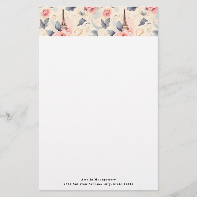 Eiffel Tower Butterfly and Roses Pattern Stationery (Front)