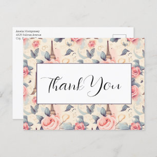 Eiffel Tower Butterfly and Roses Pattern Thank You Postcard