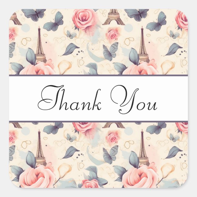 Eiffel Tower Butterfly and Roses Pattern Thank You Square Sticker (Front)