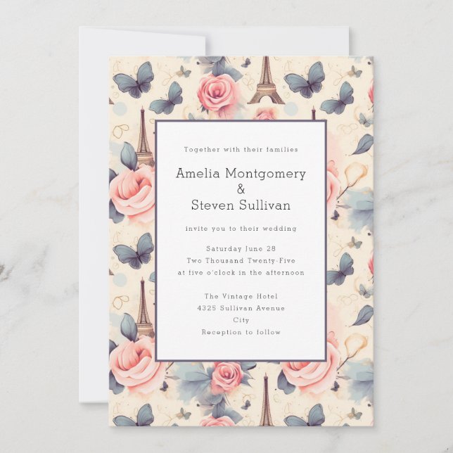 Eiffel Tower Butterfly and Roses Pattern Wedding Invitation (Front)
