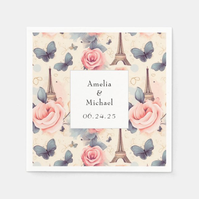 Eiffel Tower Butterfly and Roses Pattern Wedding Napkins (Front)