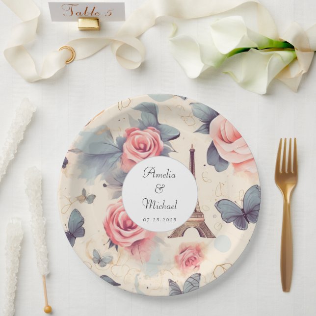 Eiffel Tower Butterfly and Roses Pattern Wedding Paper Plates (Wedding)