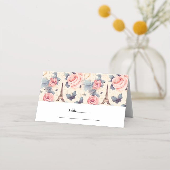 Eiffel Tower Butterfly and Roses Pattern Wedding Place Card (Front)
