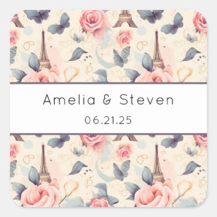 Eiffel Tower Butterfly and Roses Pattern - Wedding Square Sticker