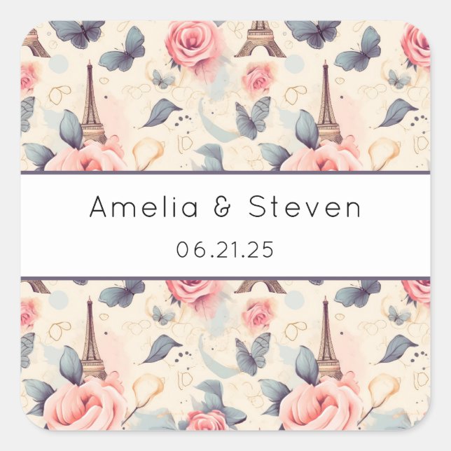 Eiffel Tower Butterfly and Roses Pattern - Wedding Square Sticker (Front)
