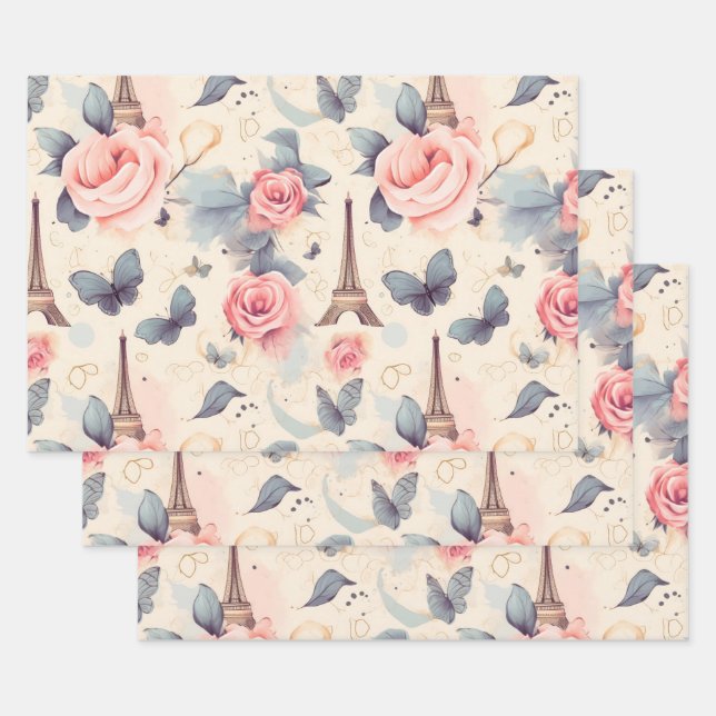 Eiffel Tower Butterfly and Roses Pattern Wrapping Paper Sheets (Set)