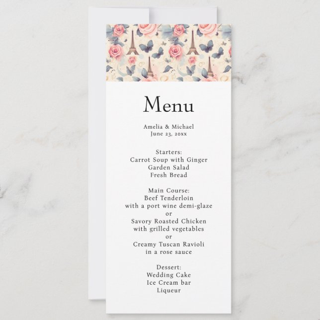 Eiffel Tower Butterfly and Roses Wedding Menu Invitation (Front)