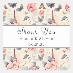 Eiffel Tower Butterfly & Roses - Wedding Thank You Square Sticker