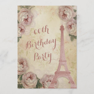 Eiffel Tower Cabbage Roses Any Age Birthday Party Invitation
