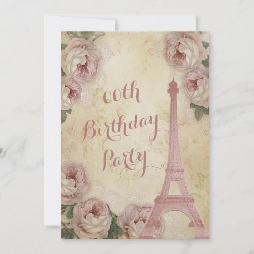 Eiffel Tower Cabbage Roses Any Age Birthday Party Invitation