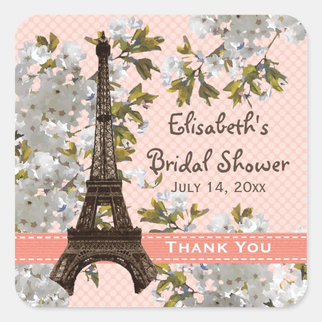 Eiffel Tower Cherry Blossom Thank You Favor Sticke Square Sticker (Front)