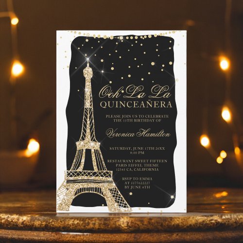 Eiffel tower chic gold glitter black quinceanera invitation