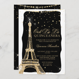 Eiffel tower chic gold glitter black quinceanera invitation