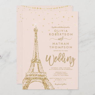 Eiffel tower chic gold glitter blush pink wedding invitation