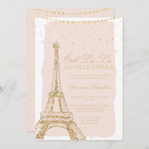 Eiffel tower chic gold glitter blush quinceanera invitation