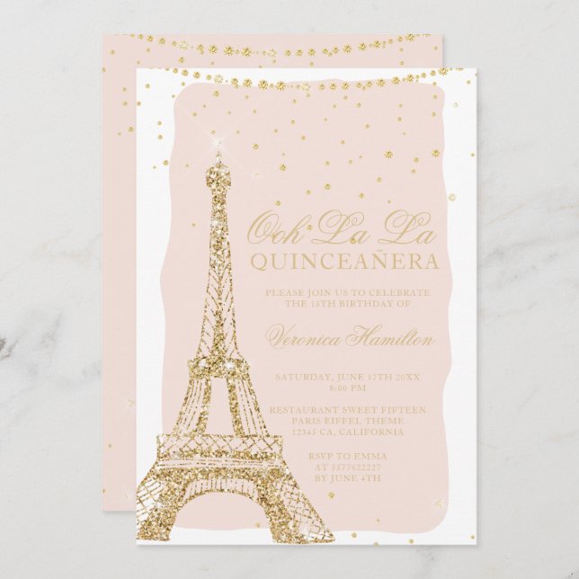 Eiffel tower chic gold glitter blush quinceanera invitation (Front/Back)