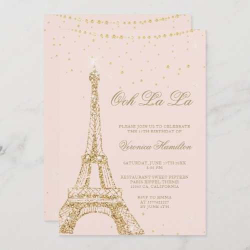 Eiffel tower chic gold glitter blush quinceanera invitation