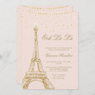 Faux Gold Foil + Glitter Eiffel Tower Quinceañera Invitations