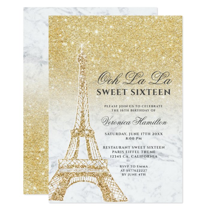 Eiffel Tower Chic Gold Glitter Marble Sweet 16 Invitation Zazzle Eiffel Tower Chic Gold Glitter Marble