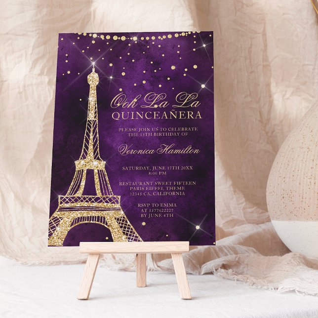 Eiffel tower chic gold glitter purple quinceanera invitation (Creator Uploaded)