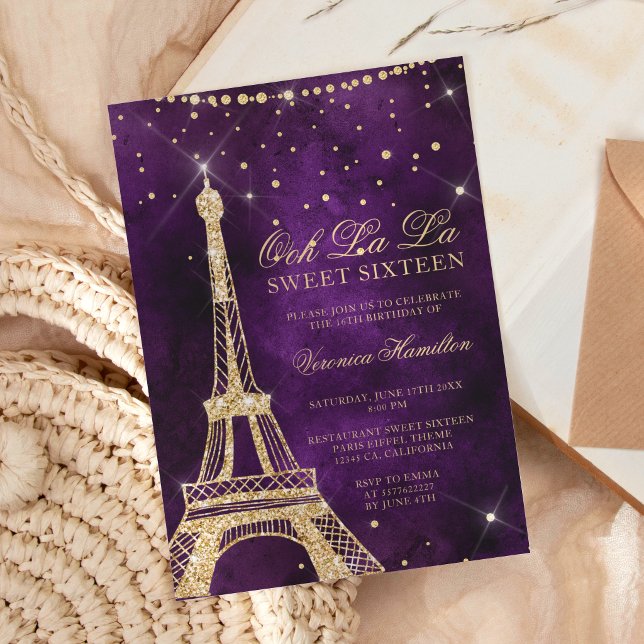 Eiffel tower chic gold glitter purple Sweet 16 Invitation