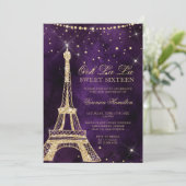 Eiffel tower chic gold glitter purple Sweet 16 Invitation (Standing Front)