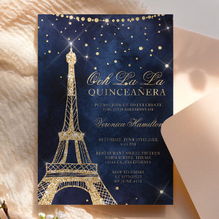 Faux Gold Foil + Glitter Eiffel Tower Quinceañera Invitations