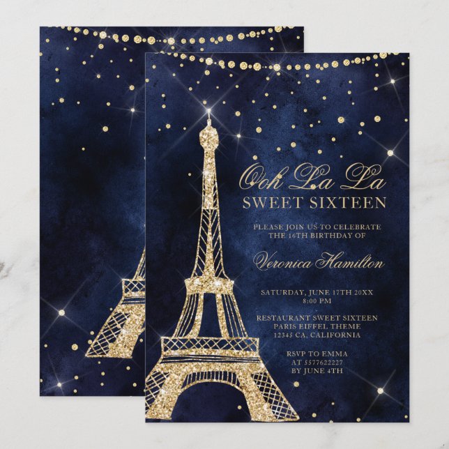 Eiffel tower chic gold glitter sparkle Sweet 16 Invitation (Front/Back)