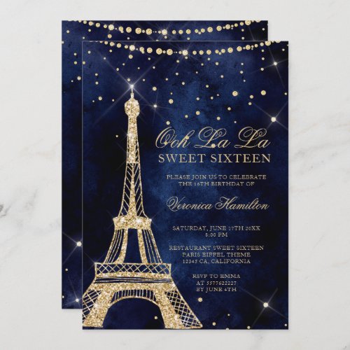 Eiffel tower chic gold glitter sparkle Sweet 16 Invitation