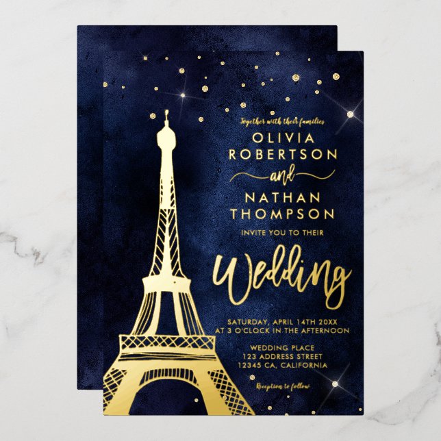 Eiffel tower chic gold glitter sparkle wedding foil invitation (Front/Back)