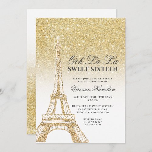 Eiffel tower chic gold glitter white Sweet 16 Invitation