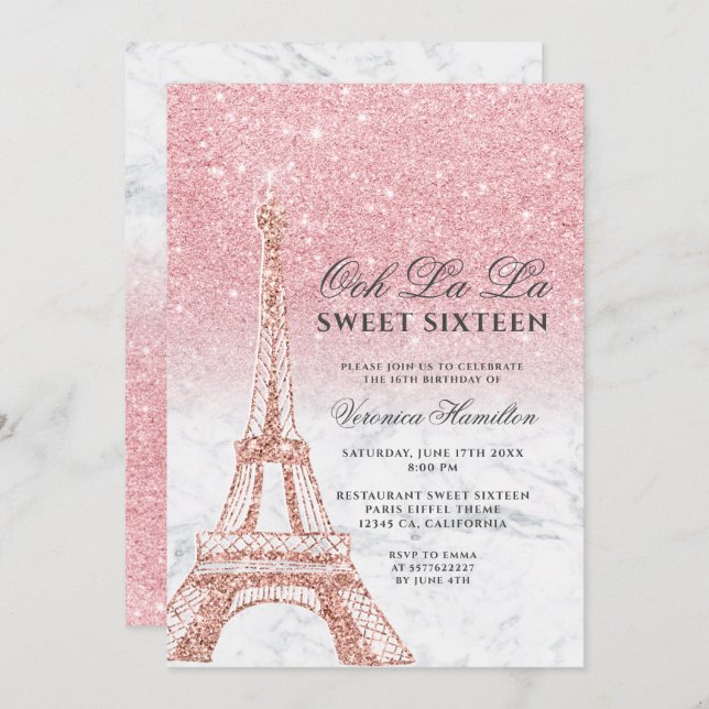 Eiffel tower chic pink glitter marble Sweet 16 Invitation (Front/Back)