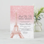 Eiffel tower chic pink glitter marble Sweet 16 Invitation (Standing Front)
