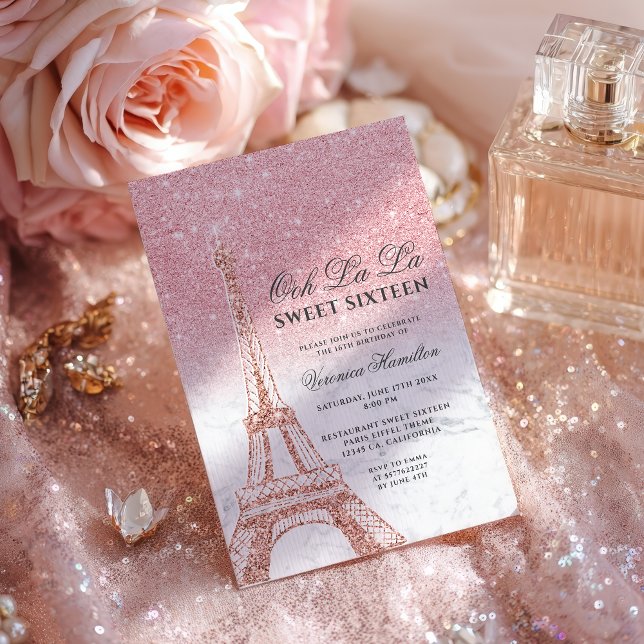 Eiffel tower chic pink glitter marble Sweet 16 Invitation (Eiffel tower chic pink glitter marble Sweet 16 Invitation)