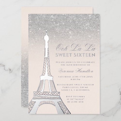 Eiffel tower chic silver glitter pink Sweet 16 Foil Invitation