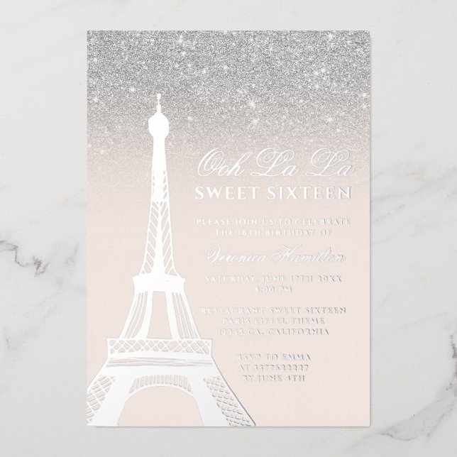 Eiffel tower chic silver glitter pink Sweet 16 Foil Invitation (Front)