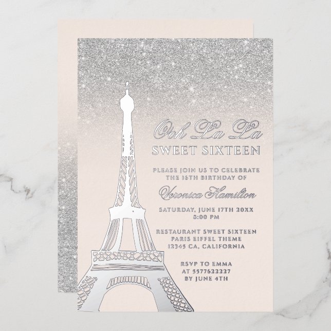 Eiffel tower chic silver glitter pink Sweet 16 Foil Invitation (Front/Back)