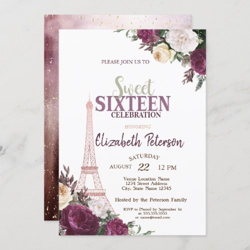 Eiffel Tower Confetti Burgundy Flowers Sweet 16 Invitation