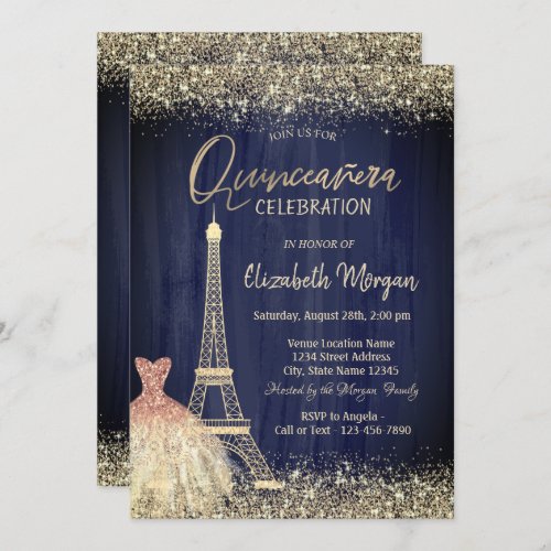 Eiffel Tower Confetti Dress Navy Blue Quinceanera Invitation