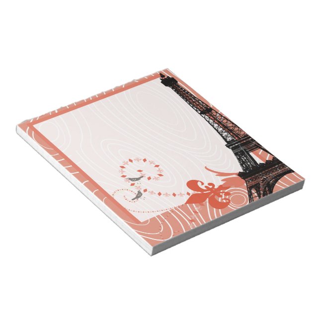Eiffel Tower Coral Cute Wood Grain Love Birds Notepad (Angled)