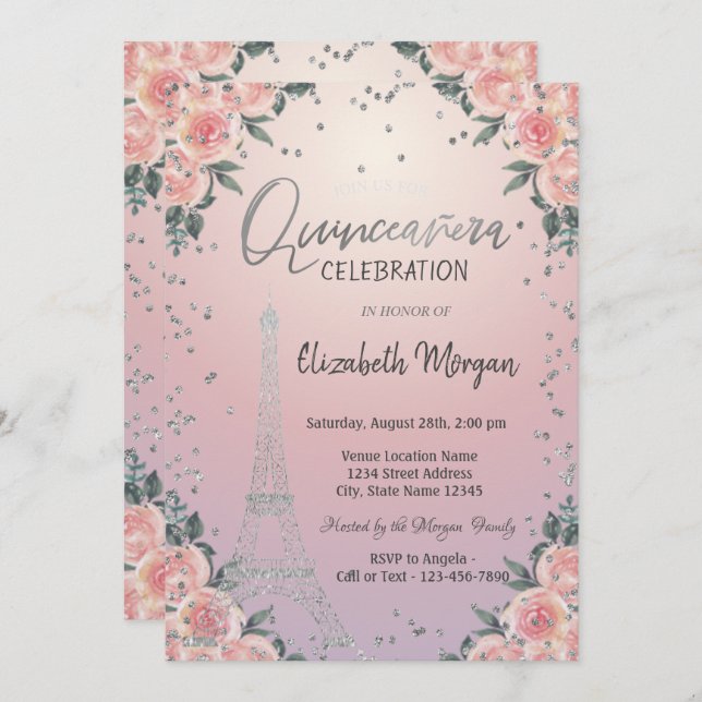 Eiffel Tower Diamonds Flowers Pink Quinceañera  Invitation (Front/Back)