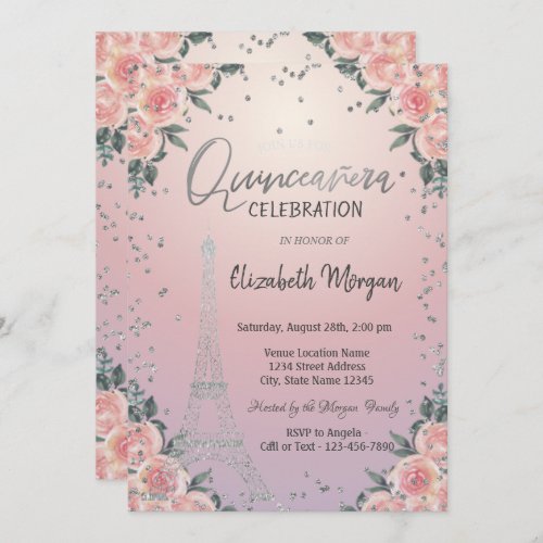Eiffel Tower Diamonds Flowers Pink Quinceaera  Invitation