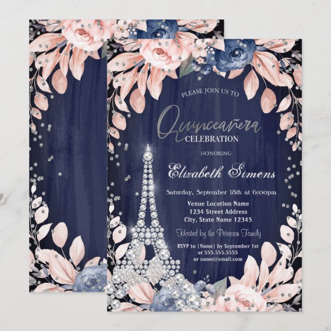 Eiffel Tower Diamonds Navy Blue Roses Quinceanera Invitation (Front/Back)